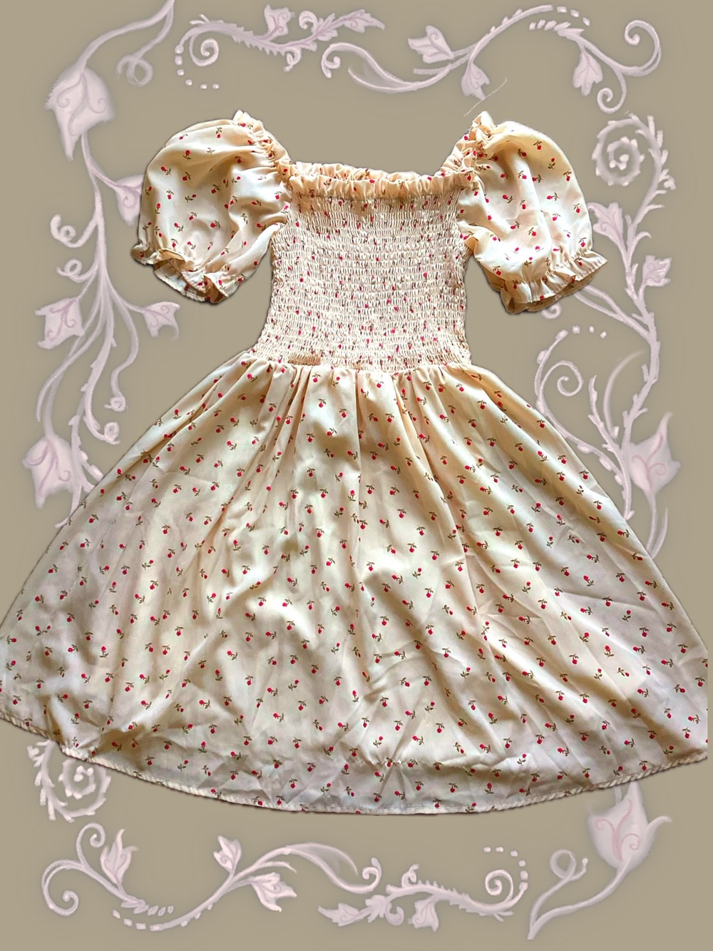 Ivory Puff-Sleeve Midi Dress with Cherry Print
